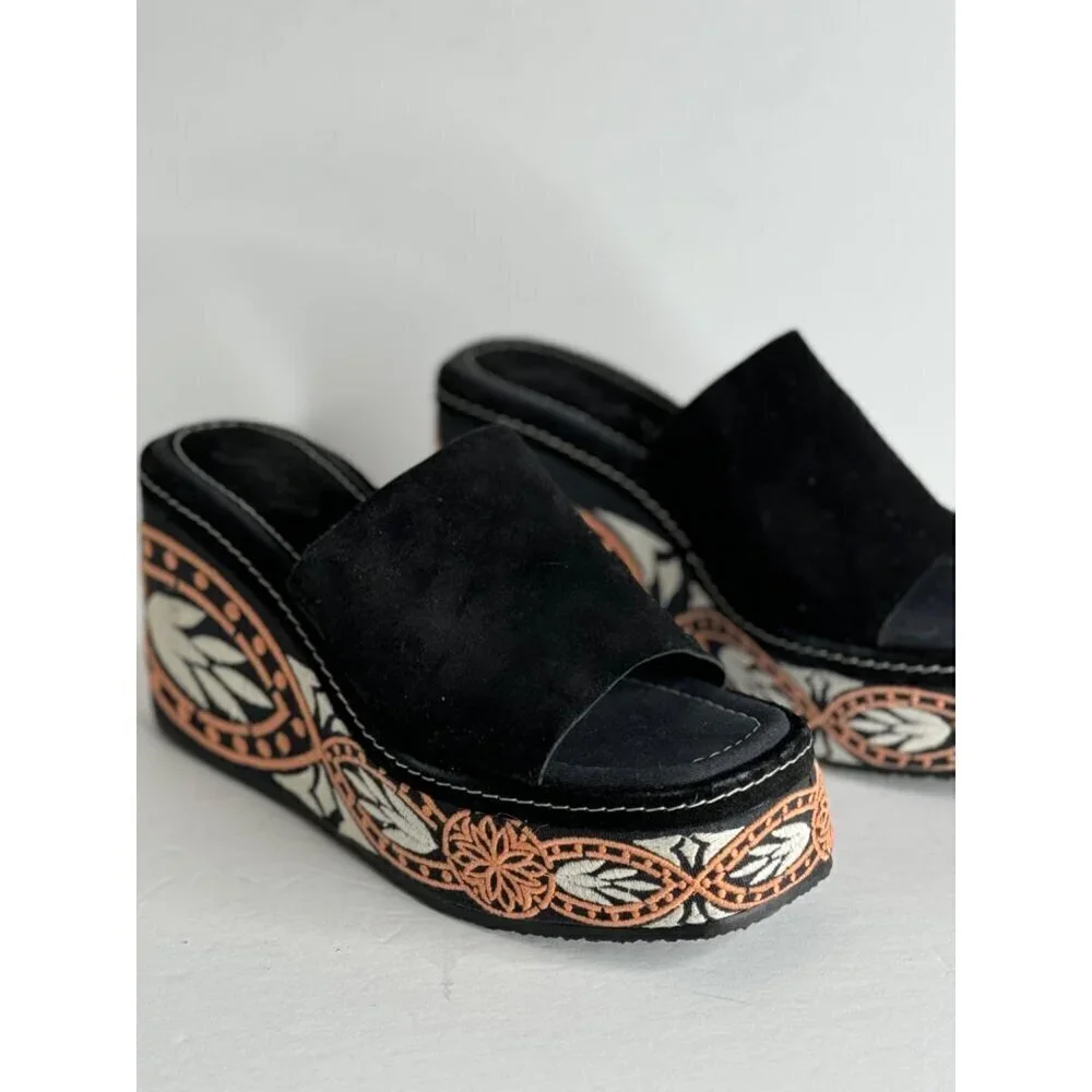 Free People Black Embroidered Tomorrow Wedge Platform Mules Size 37 US 6.5 NEW - Picture 2 of 8